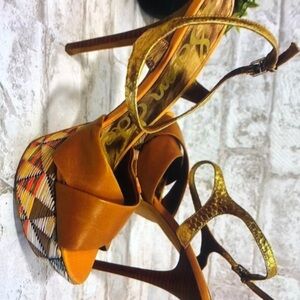 Sam Edelman mason tan leather and multi color rainbow straw platform heeles